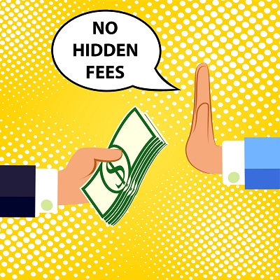 Businessman is refusing ti take a cash. No hidden fees. Flat vector illustration.